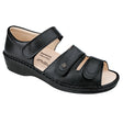 Black leather sandal with multiple adjustable Velcro straps, supportive heel counter, and removable soft footbed for cushioned, secure orthopedic wear. Style #2534014099