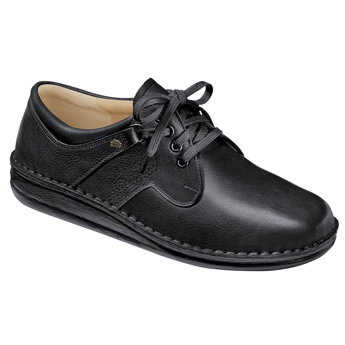 Black leather sandal with anatomical reflexology footbed, ventilation channels, and reinforced heel counter for supportive, breathable, orthotic-friendly wear. Style #96100-799