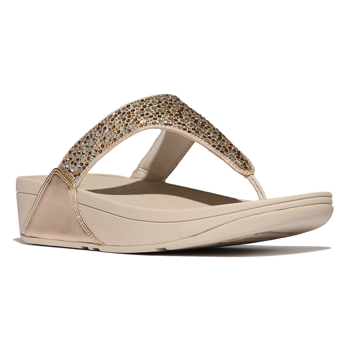 Women's platino thong sandal featuring a glitter-encrusted strap, metallic heel detail, and a wedge sole. Style #A4L-675