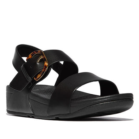Black FitFlop Lulu Resin Buckle slingback wedge sandal (JE7-090) with a tortoiseshell buckle detail