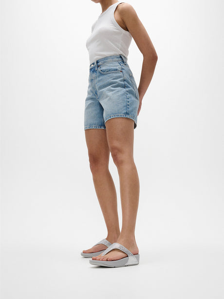 woman wearing Fitflop Lulu Glitter sandal in Silver