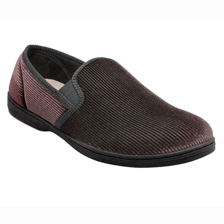 Foamtreads Regal 2 men’s slipper in Aubergine with soft fabric upper, adjustable hook-and-loop closure, and durable sole – available at Walking on a Cloud Canada.