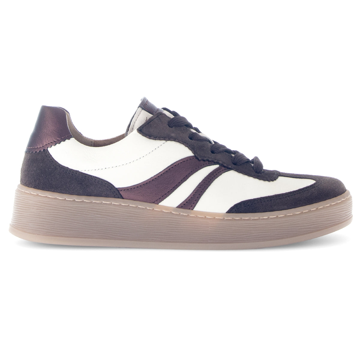 Brown and cream Gabor women's sneakers with suede and leather panels and a chunky translucent sole, 76-475-20.