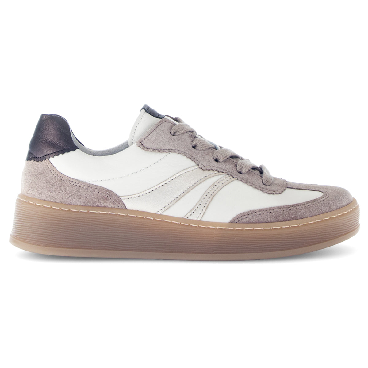 Grey and white Gabor women's sneakers with a chunky translucent sole and scalloped detailing on the laces, 76-475-62.