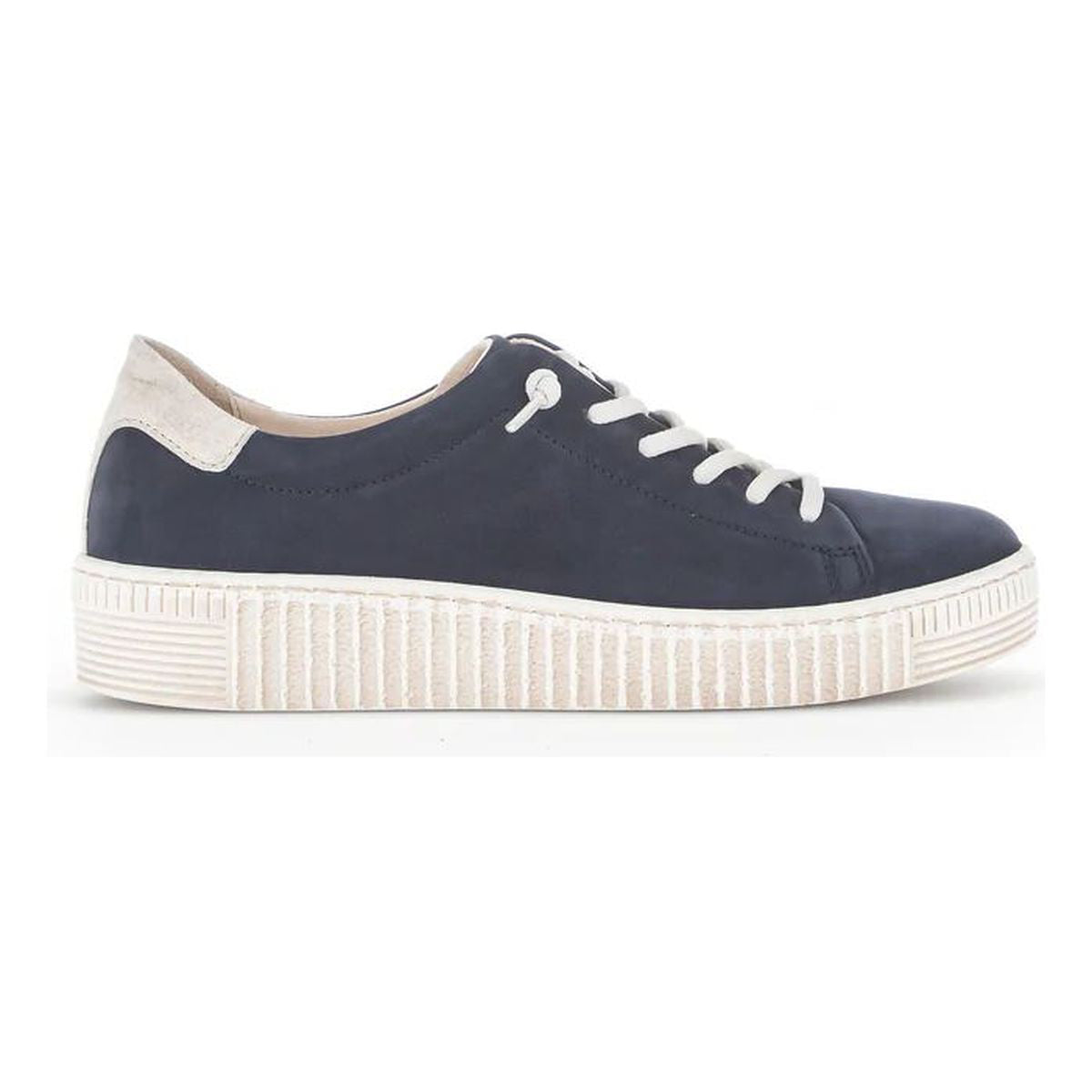 A navy blue suede women’s lace-up sneaker with white laces, a white heel accent, and a thick white textured sole. Style #53-331-16