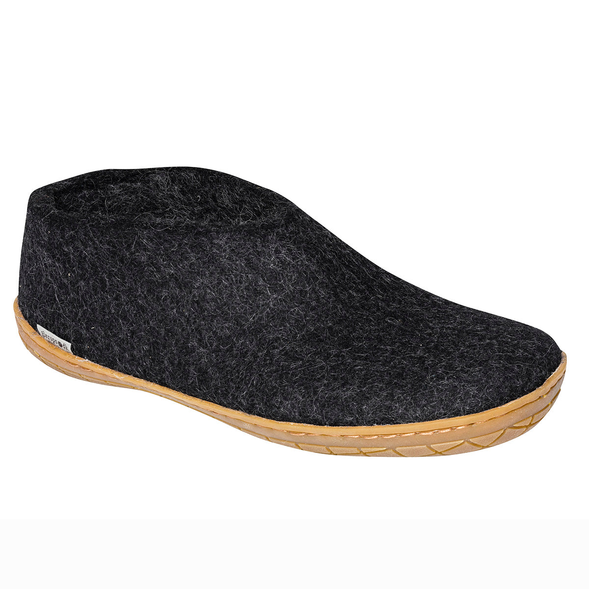 Glerups rubber black slipper with natural wool upper and durable rubber sole for indoor and outdoor wear – available at Walking on a Cloud Canada.