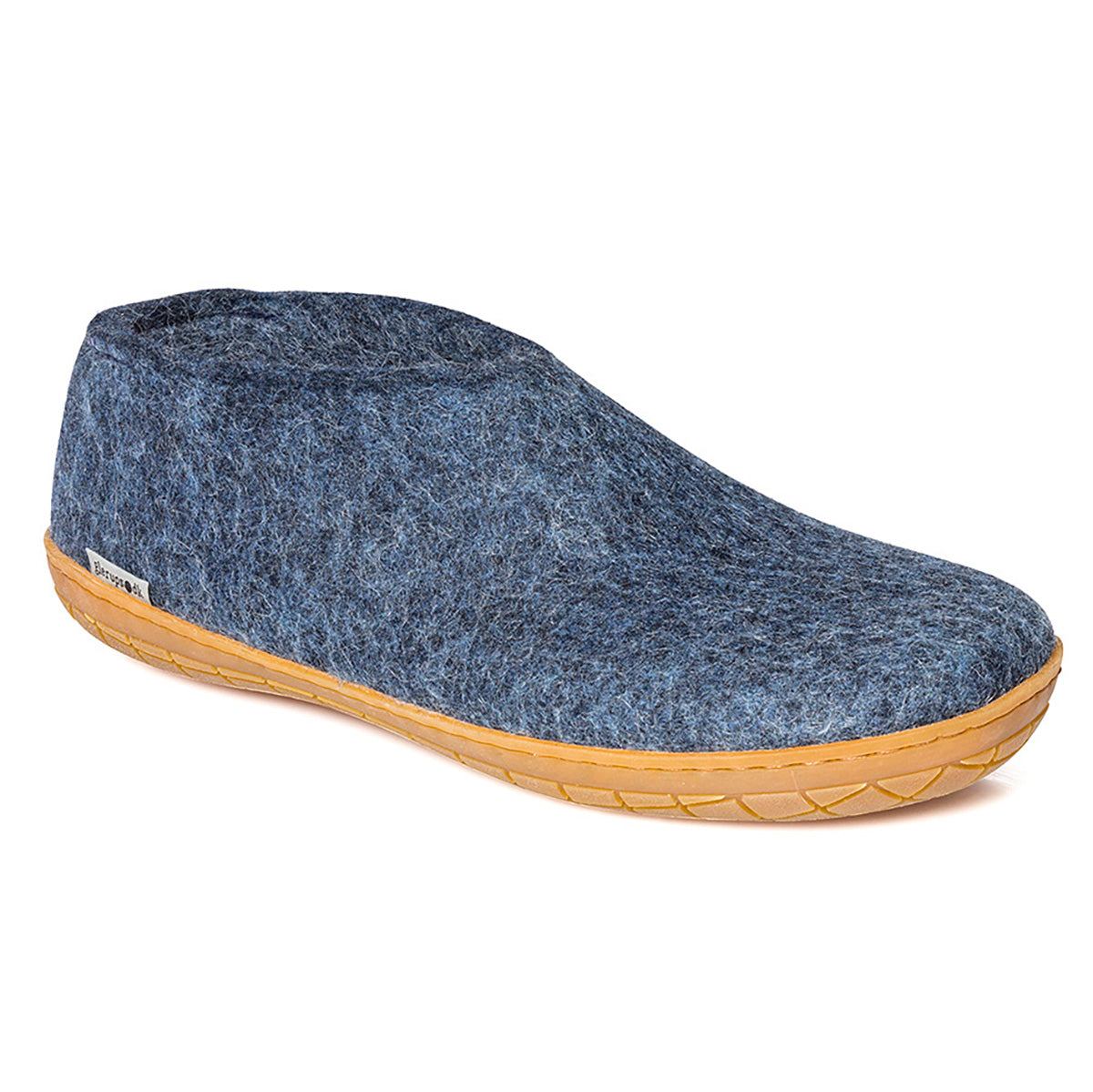 Glerups rubber slipper in Denim with natural wool upper and durable rubber sole for indoor and outdoor wear – available at Walking on a Cloud Canada.