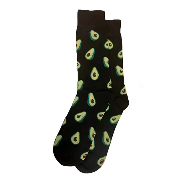 Pair of black Hot Sox men's crew socks with a repeating pattern of green avocado halves, Style #ZHM11026.