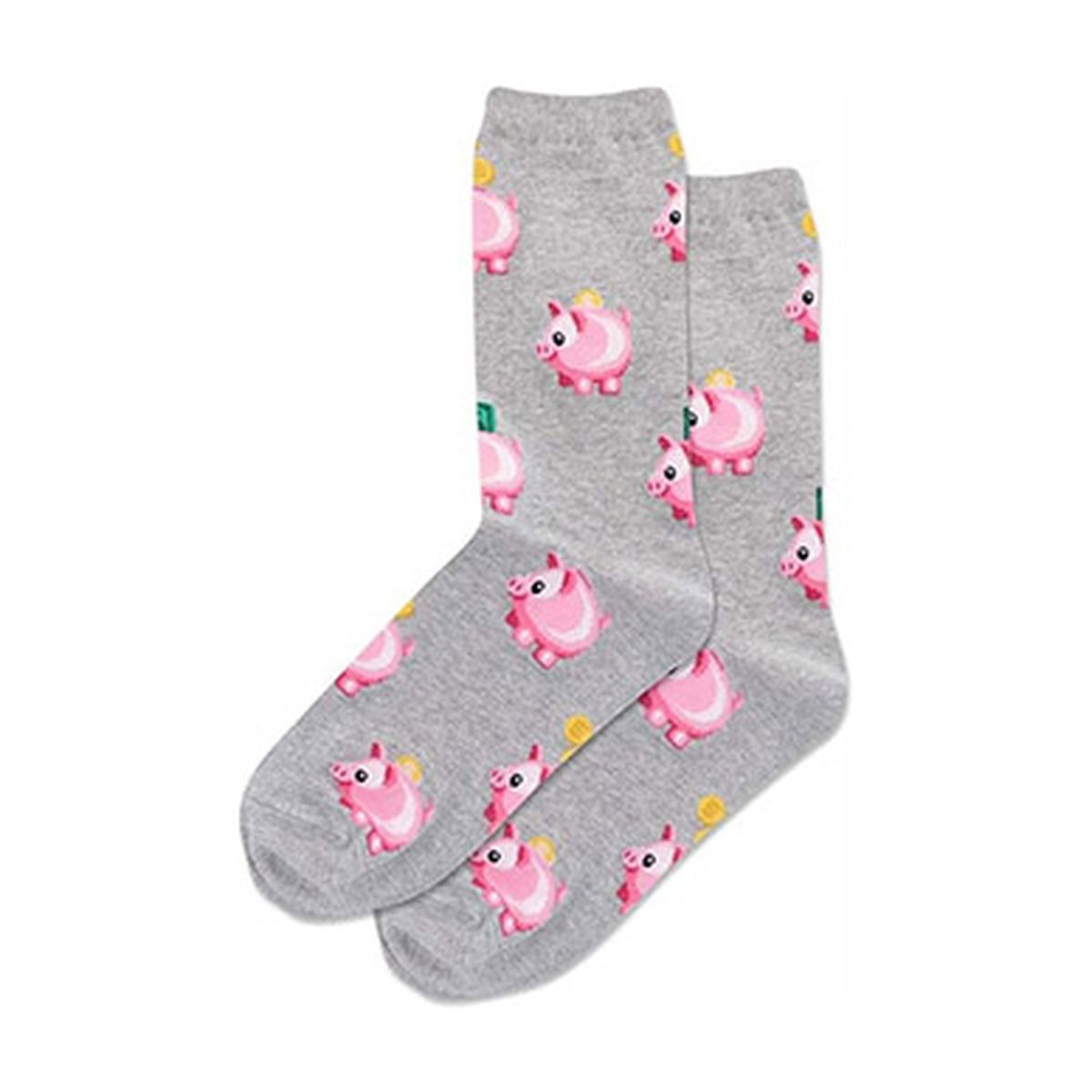 Grey Hot Sox brand socks with a repeating pattern of pink piggy banks and gold coins. HSM10171.