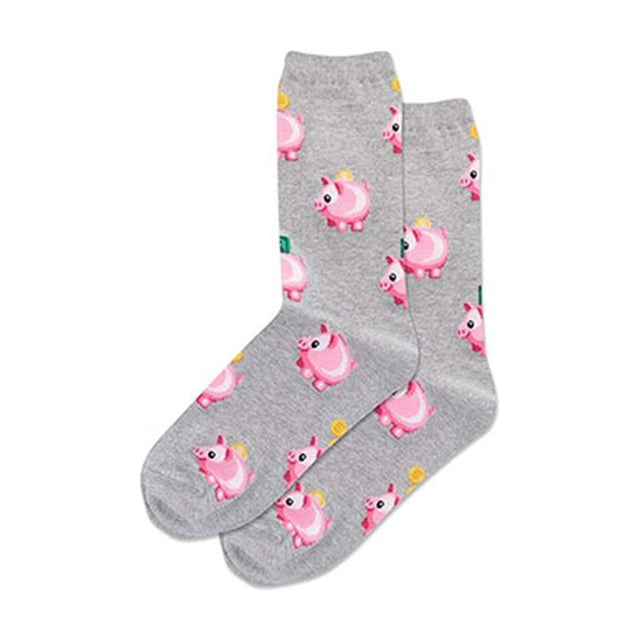 Grey Hot Sox brand socks with a repeating pattern of pink piggy banks and gold coins. HSM10171.