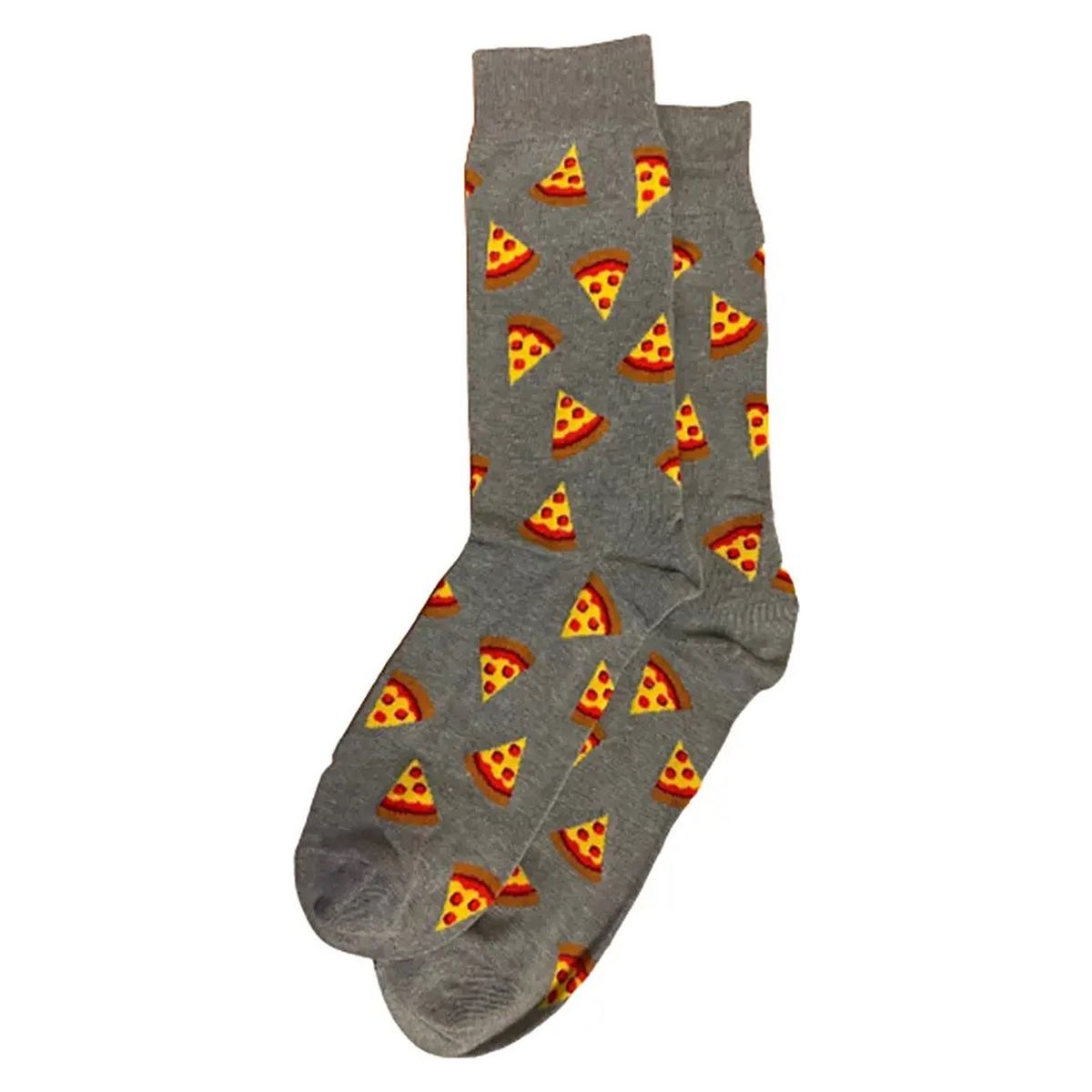 Grey Hot Sox brand socks with a repeating pattern of yellow, red, and brown pizza slices. ZHM11025.
