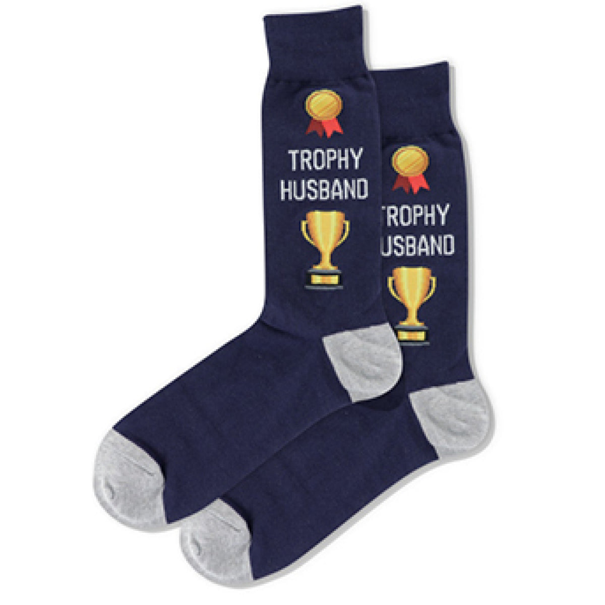 Men’s crew socks in dark grey with gold trophy design and “Trophy Husband” text, made from soft stretch cotton blend for sizes US 6–12.5. Style #HMB00001-C