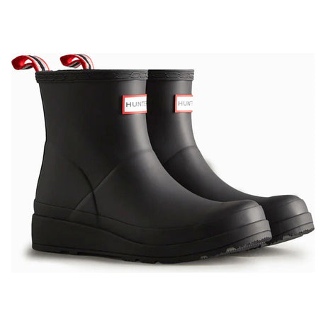 Hunter Play Short Rain Boot Black. Waterproof, easy on/off ankle boot at Walking On a Cloud