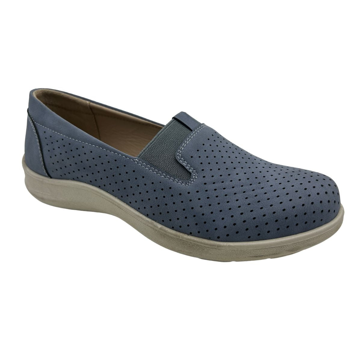Blue perforated faux-suede women's casual slip-on shoe with elastic gore panel and beige low wedge sole. Style # S5073
