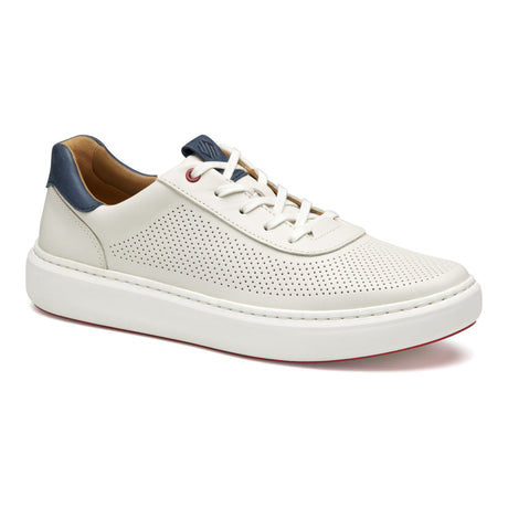 Johnston & Murphy Anders Perfed U-Throat Men's Sneaker in White. Johnston & Murphy Anders Perfed sneaker  
white leather TRUFOAM sneaker  
men’s perforated leather sneaker  
removable footbed white sneaker  
lightweight casual men’s sneaker  
Canadian family-owned footwear. Style #25-2848