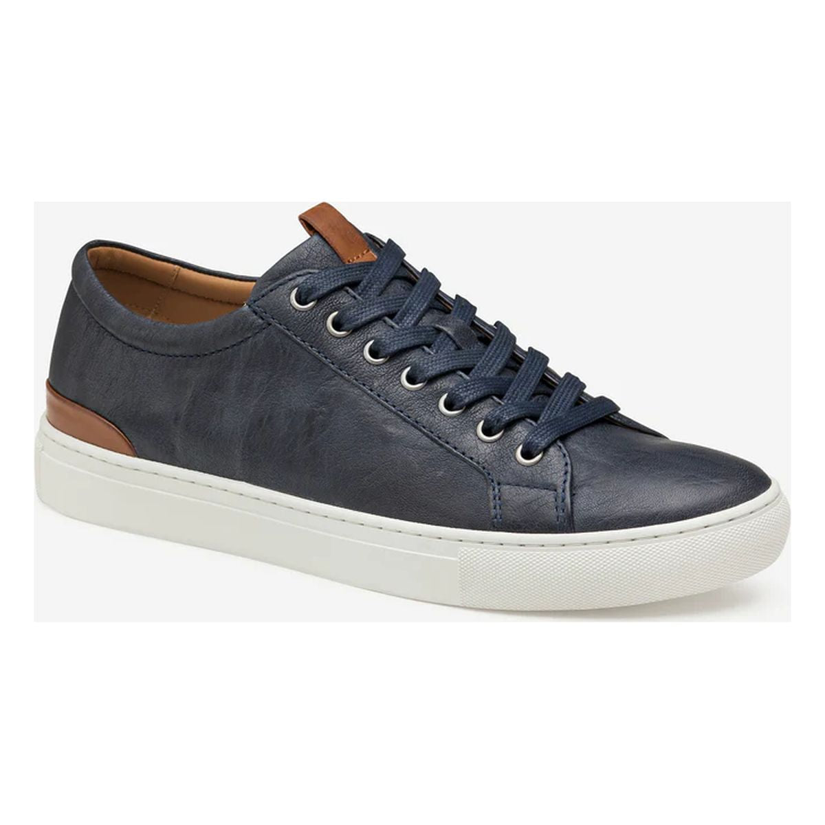 Men's navy leather lace-up sneaker with white rubber sole, tan heel tab, and navy laces. Style # 25-6619