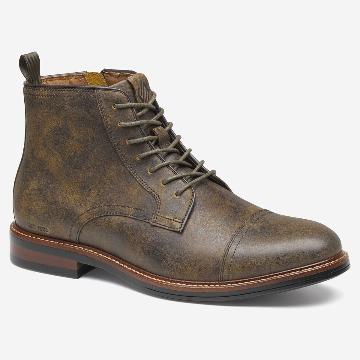 Johnston & Murphy distressed brown leather cap-toe boot with lace-up closure, side zip, and contrast welt stitching. Style #20-4802