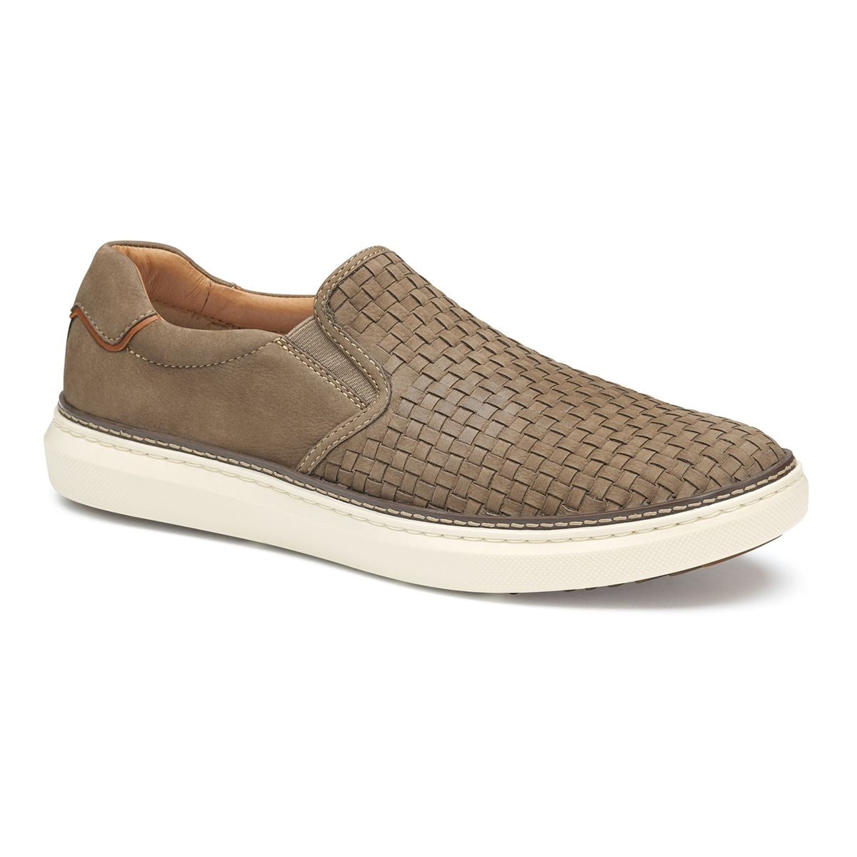 Mens taupe woven leather slip-on shoe with a white rubber sole and elastic side gores. Style #02502990