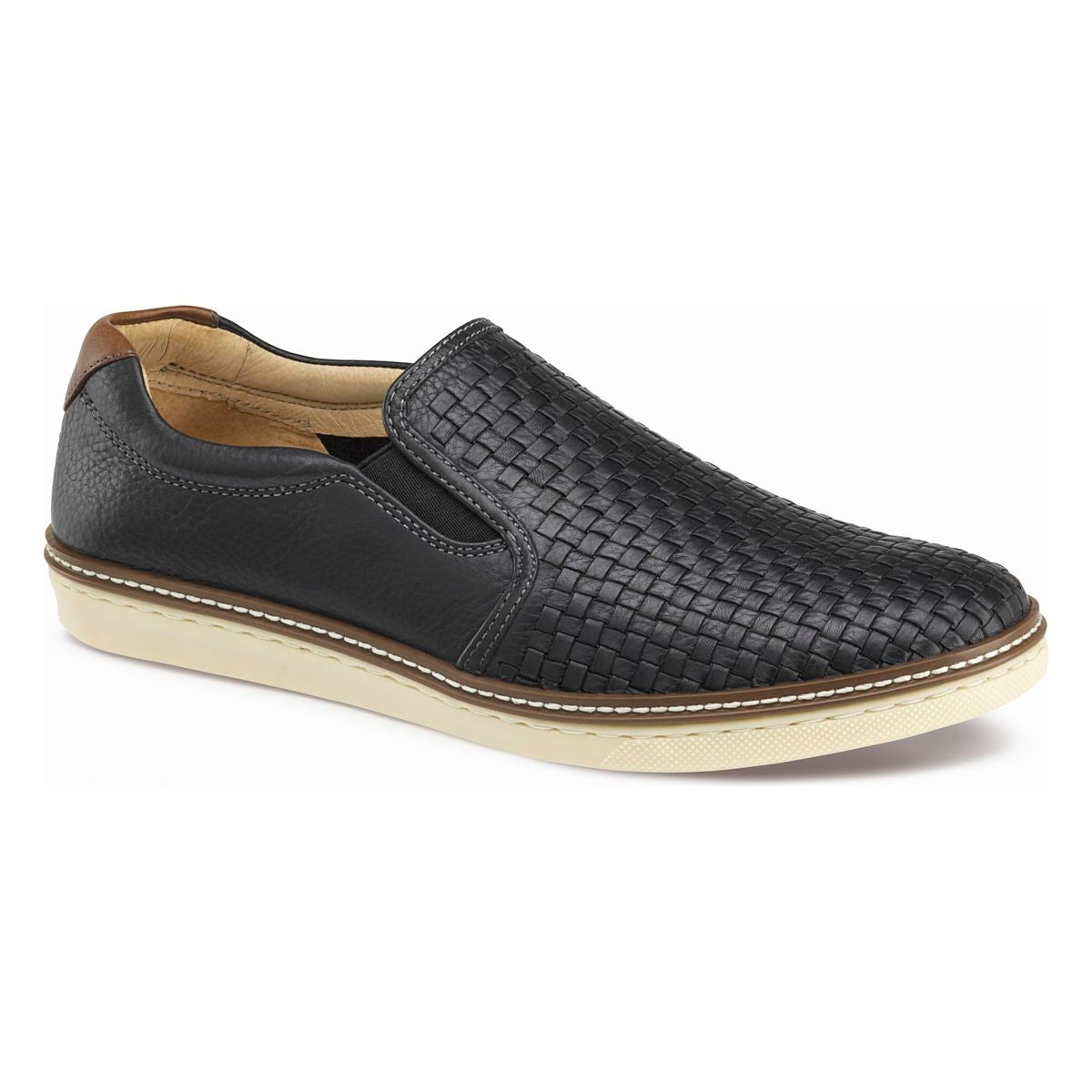 Johnston & Murphy McGuffey Woven Men's Slip-On in Black. Johnston & Murphy McGuffey woven slip-on black, men’s casual woven leather shoes, black leather slip-on Canada, woven leather loafers, comfortable, all-day wear, easy slip on and off, woven leather, soft leather. Style 25-8365