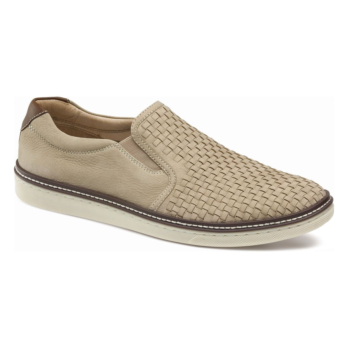 Johnston & Murphy McGuffey Woven Men's Slip-On in Beige. Johnston & Murphy McGuffey woven slip-on beige, men’s beige leather slip-on shoes, casual slip-on Johnston & Murphy, breathable men’s woven loafers, easy slip on and off, comfortable, all day wear, dressy casual slip-on, soft leather. Style 25-2536