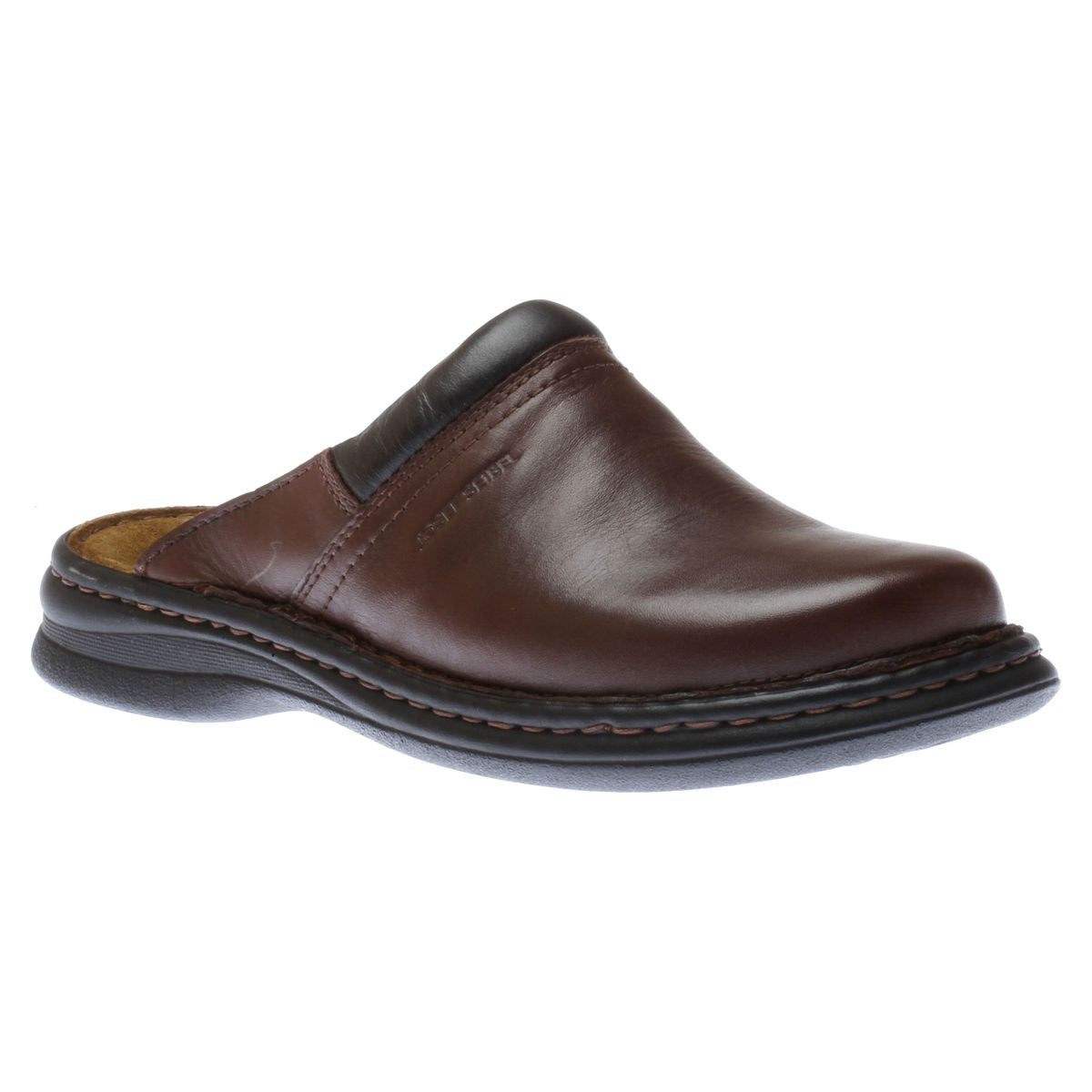 Men’s casual lace-up shoe in rich brandy brown leather with a rounded toe, padded collar, and durable rubber sole. Designed for arch support and everyday pain relief. Style #10663-7300