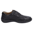 Men’s black leather sandal with open toe, three adjustable hook-and-loop straps, cushioned footbed, and lightweight PU sole. Designed for summer support and breathability. Style #43332-600