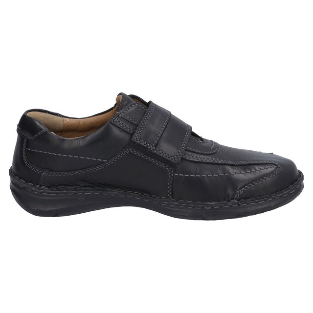 Men’s black leather sandal with open toe, three adjustable hook-and-loop straps, cushioned footbed, and lightweight PU sole. Designed for summer support and breathability. Style #43332-600