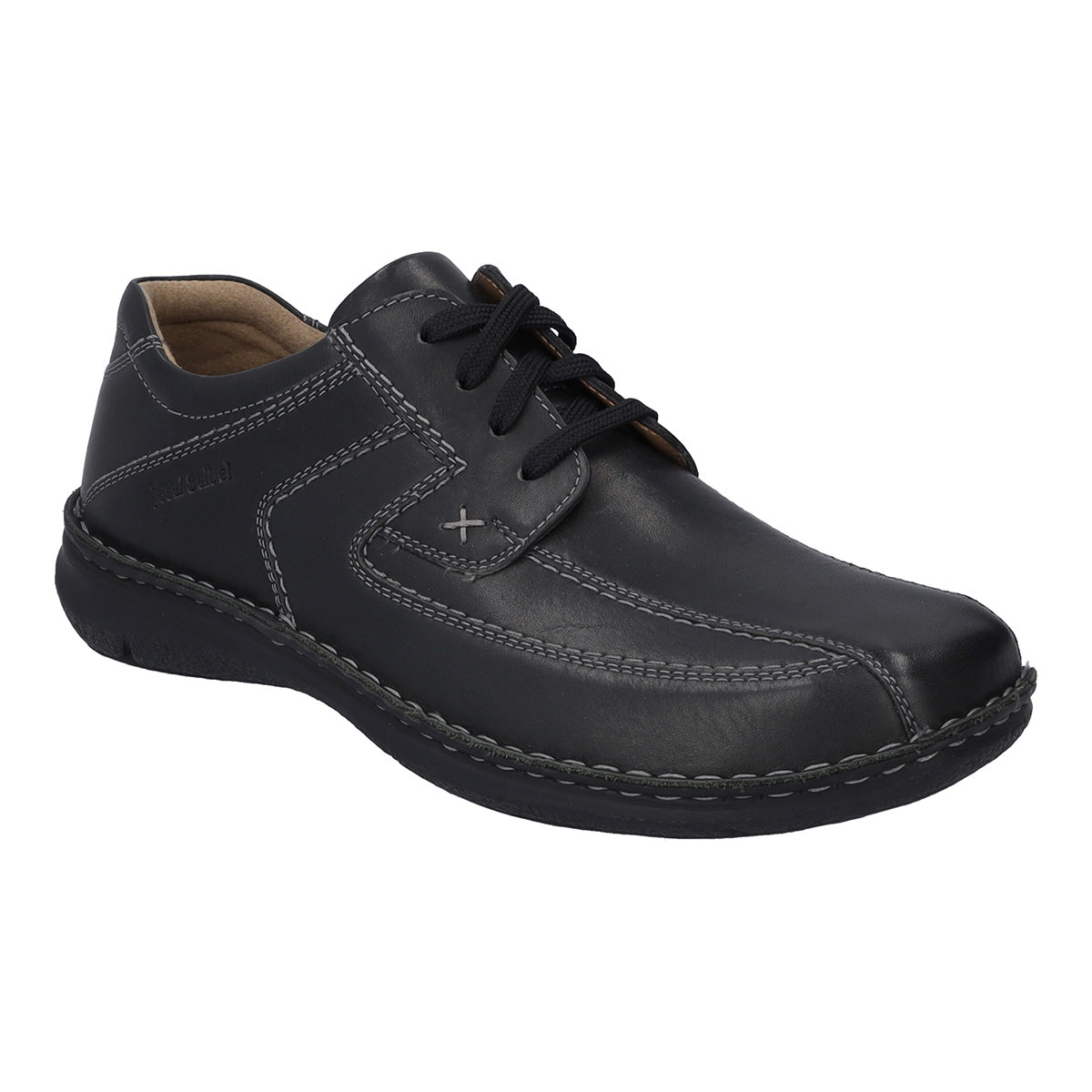Men’s black leather shoe with wide fit, adjustable Velcro strap, rounded toe, and removable insole. Designed for daily comfort, support, and easy wearability. Style #43360-600