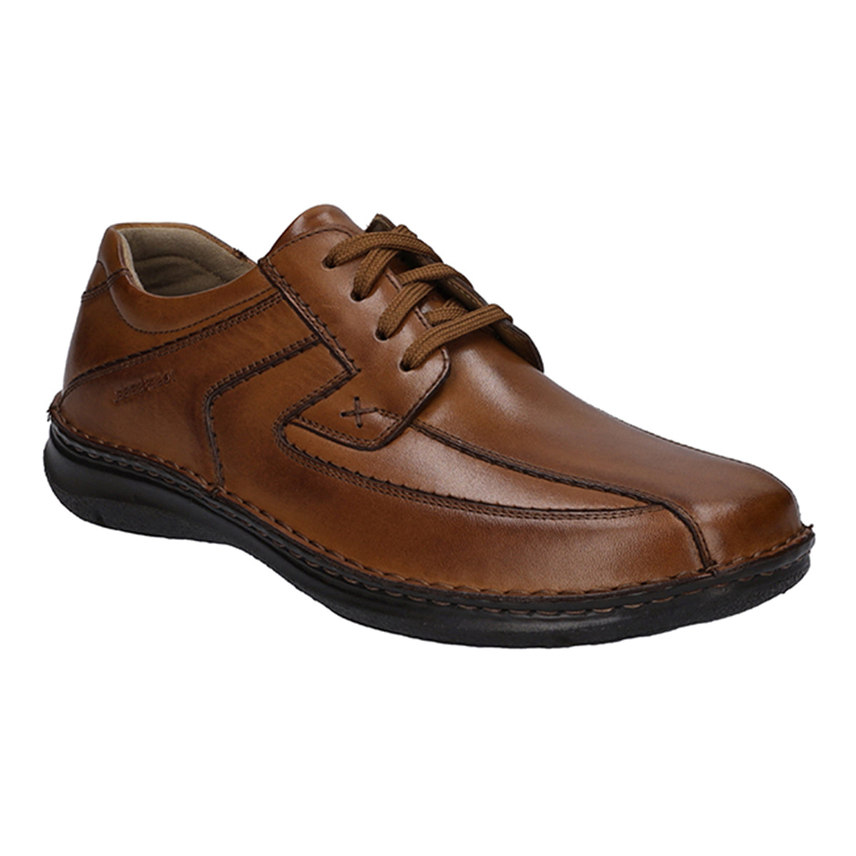 Men’s cognac brown leather shoe with wide fit, single Velcro strap across the instep, cushioned removable insole, and flexible PU sole for all-day comfort. Style #43360_370