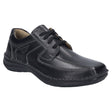 Men’s black leather slip-on shoe with wide fit, elastic side gores, contrast stitching, and removable cushioned footbed. Built for daily comfort and orthopedic support. Style #44908-100