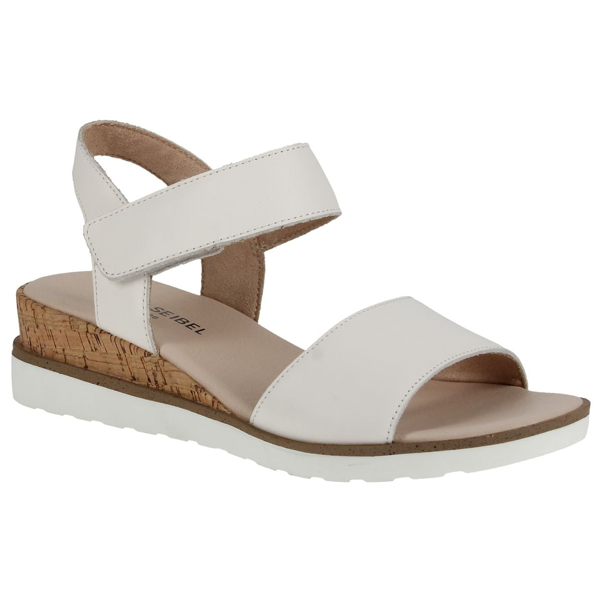 Women’s white leather sandal with an adjustable ankle strap, cork-wrapped wedge, and white rubber sole. Style #537861-000