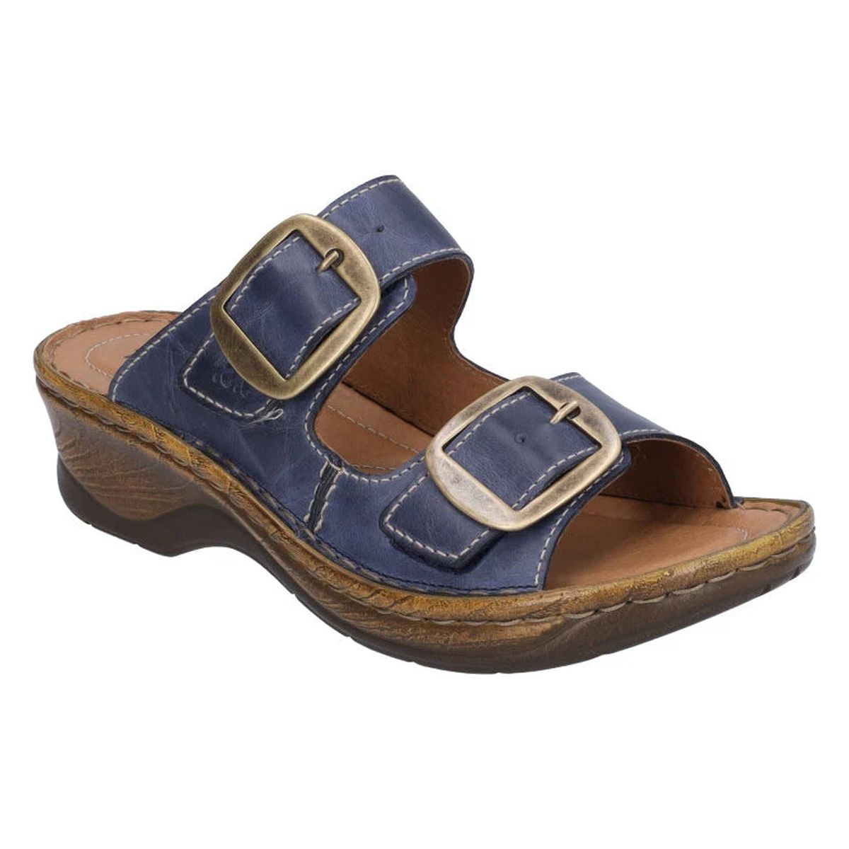 Josef Seibel dark blue leather slide sandal with two adjustable buckle straps, contrast stitching, and low wedge heel. Style #56576-5505