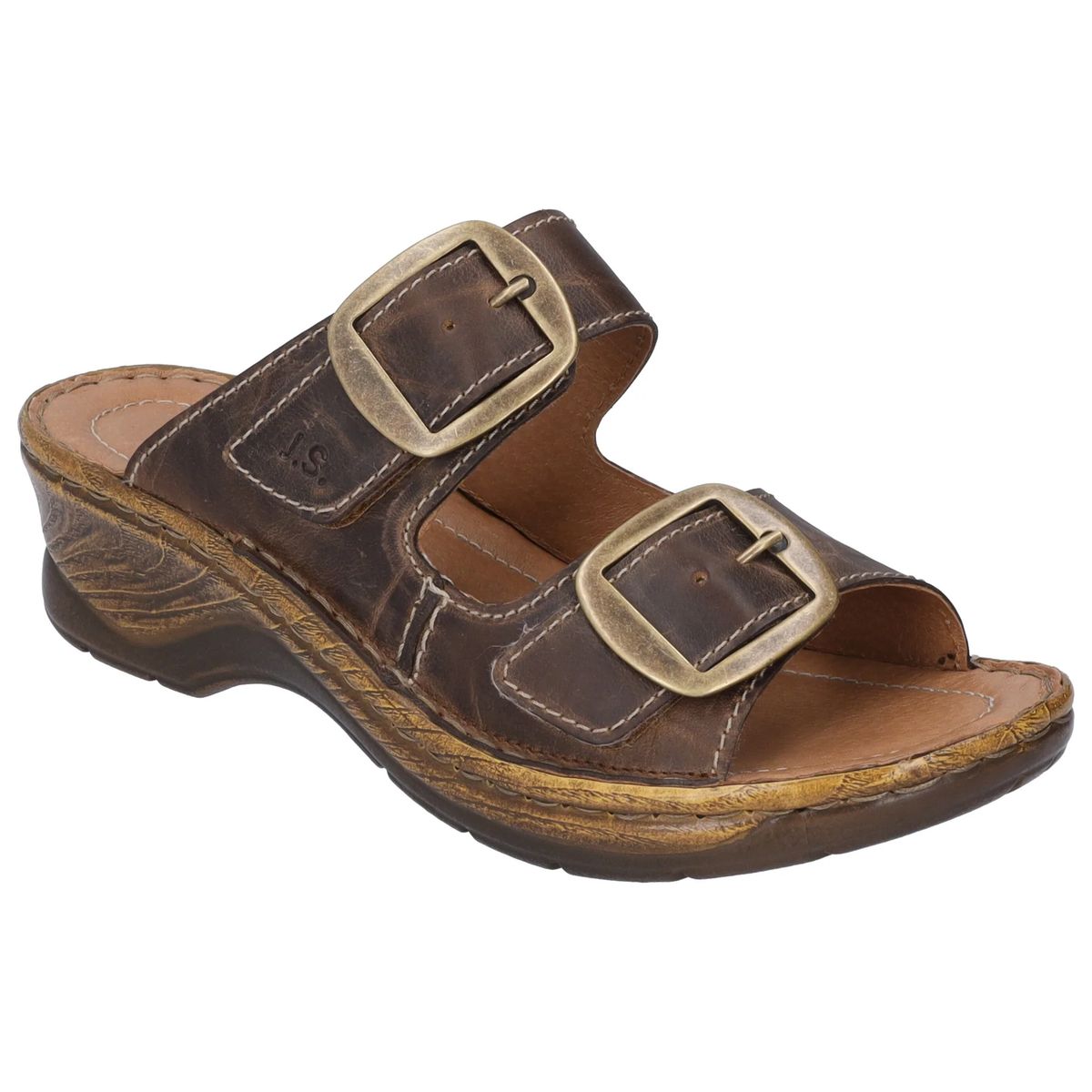 Josef Seibel brown leather slide sandal with two adjustable buckle straps, contrast stitching, and low wedge heel. Style #56576-5320