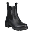 Women’s black leather ankle boot with lace-up front, side zipper, and warm textile lining. Sleek silhouette with flexible sole for winter-ready comfort. Style #574001-100