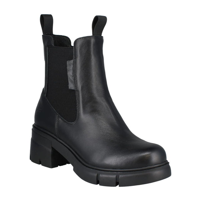 Women’s black leather ankle boot with lace-up front, side zipper, and warm textile lining. Sleek silhouette with flexible sole for winter-ready comfort. Style #574001-100