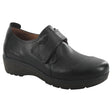 Women’s black leather wedge sandal with two adjustable Velcro straps, cushioned footbed, and soft leather lining. Sleek summer shoe with stable, low wedge heel. Style #61608_33100