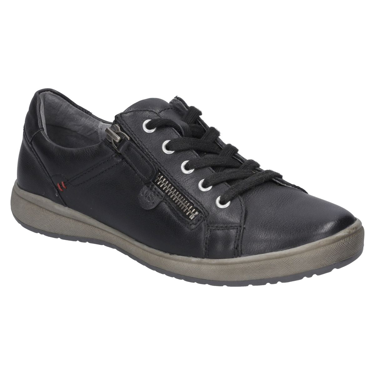 Women’s black leather sneaker with white sole, lace-up front, and practical side zipper. Low-cut casual shoe with flexible fit and everyday comfort.  Style #67712_133100