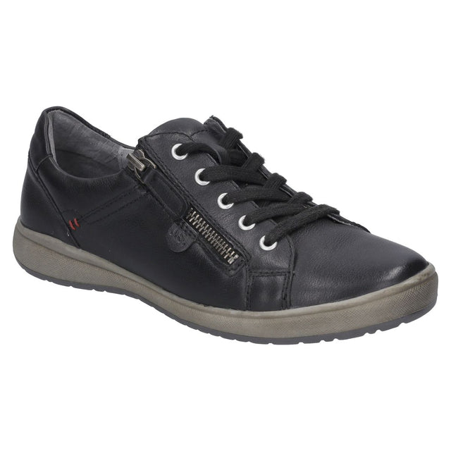 Women’s black leather sneaker with white sole, lace-up front, and practical side zipper. Low-cut casual shoe with flexible fit and everyday comfort.  Style #67712_133100