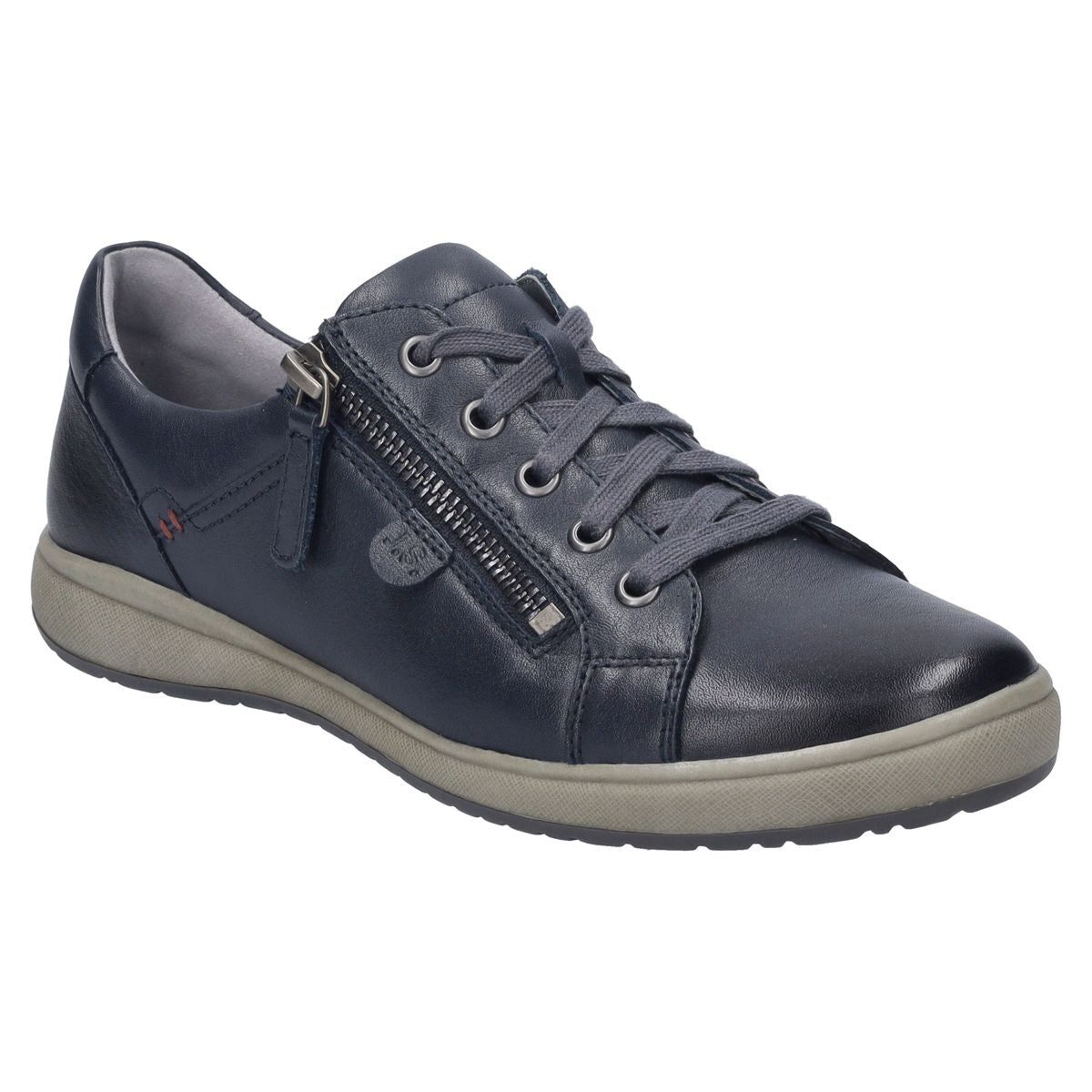 Women’s indigo blue leather lace-up sneaker with white sole and side zipper. Low-profile casual shoe with soft lining and flexible construction. Style #67702_133525
