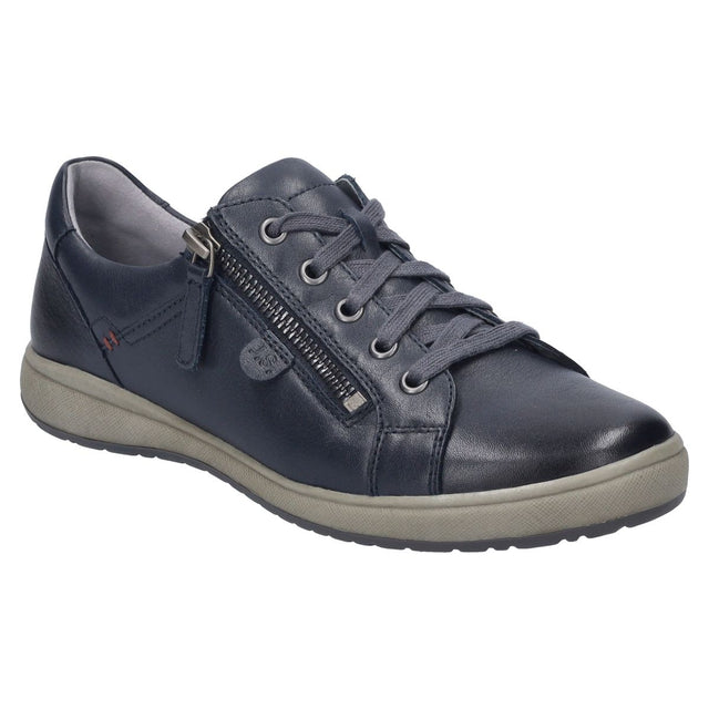 Women’s indigo blue leather lace-up sneaker with white sole and side zipper. Low-profile casual shoe with soft lining and flexible construction. Style #67702_133525