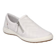 White leather low-top sneaker with white laces, side zipper, and cushioned sole. Lightweight, casual shoe with a clean profile for everyday wear.  Style #67722_133000