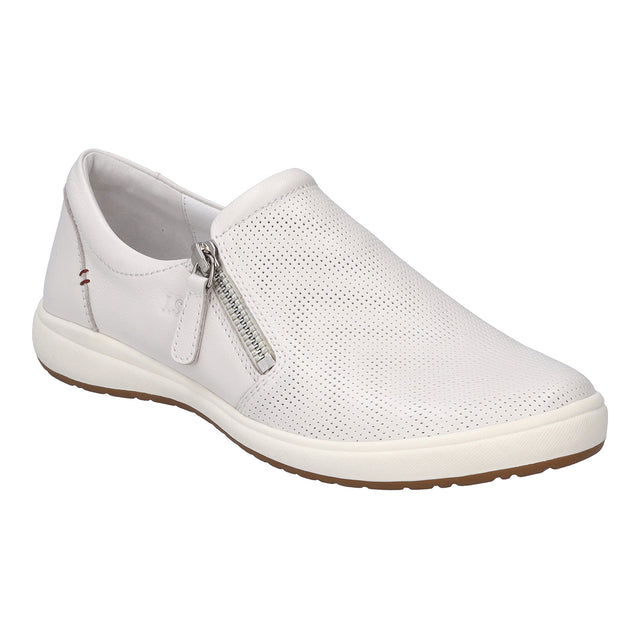 White leather low-top sneaker with white laces, side zipper, and cushioned sole. Lightweight, casual shoe with a clean profile for everyday wear.  Style #67722_133000