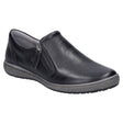 Black leather low-top sneaker with white sole, lace-up front, and outer side zipper. Casual everyday shoe with removable insole and cushioned support. Style #67722_133710