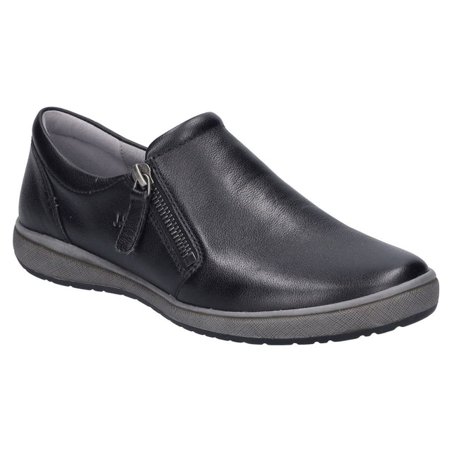 Black leather low-top sneaker with white sole, lace-up front, and outer side zipper. Casual everyday shoe with removable insole and cushioned support. Style #67722_133710