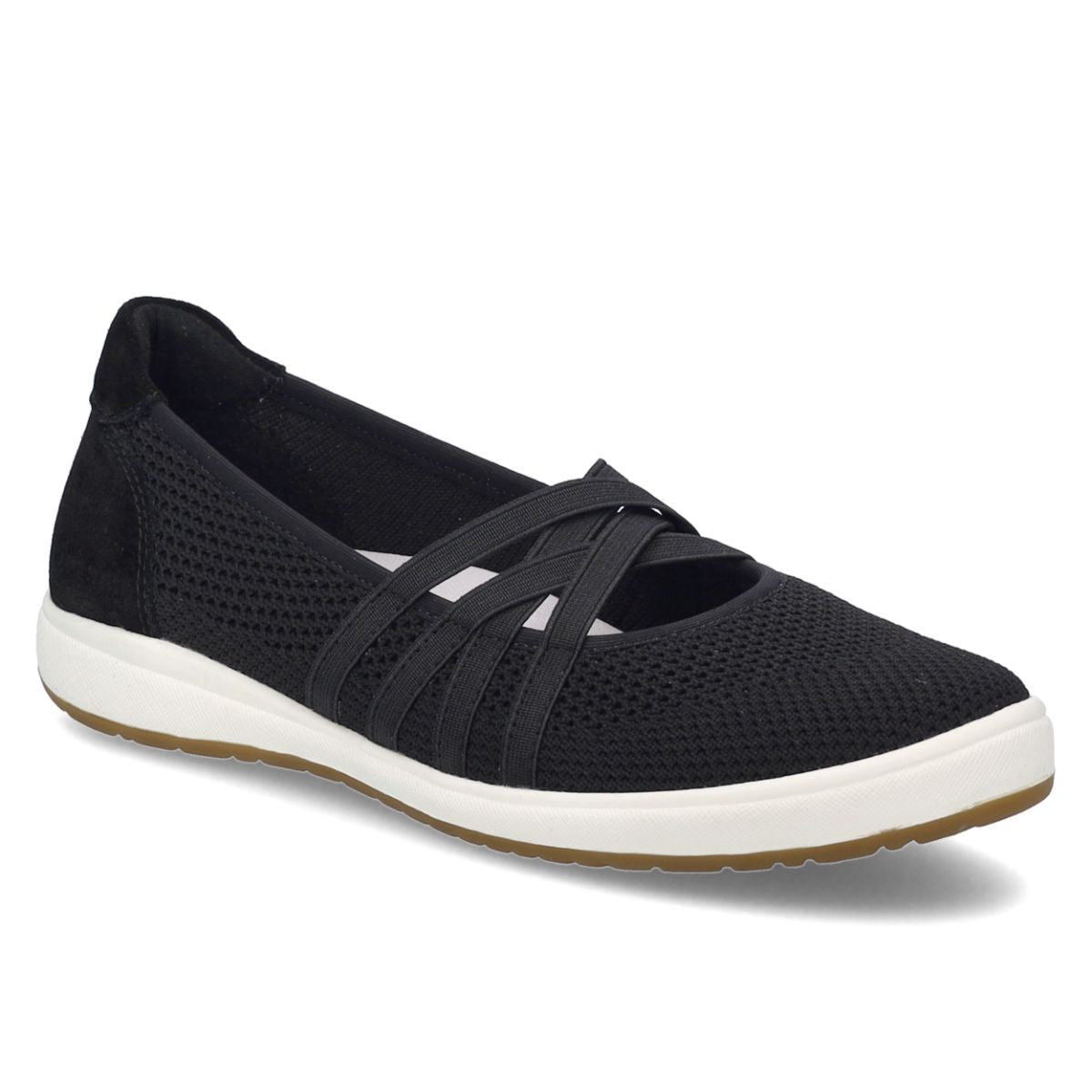 Black suede ballerina flat with stretch elastic band over instep, breathable leather-textile upper, and flexible sole for easy, stylish all-day wear. Style #67722_323100