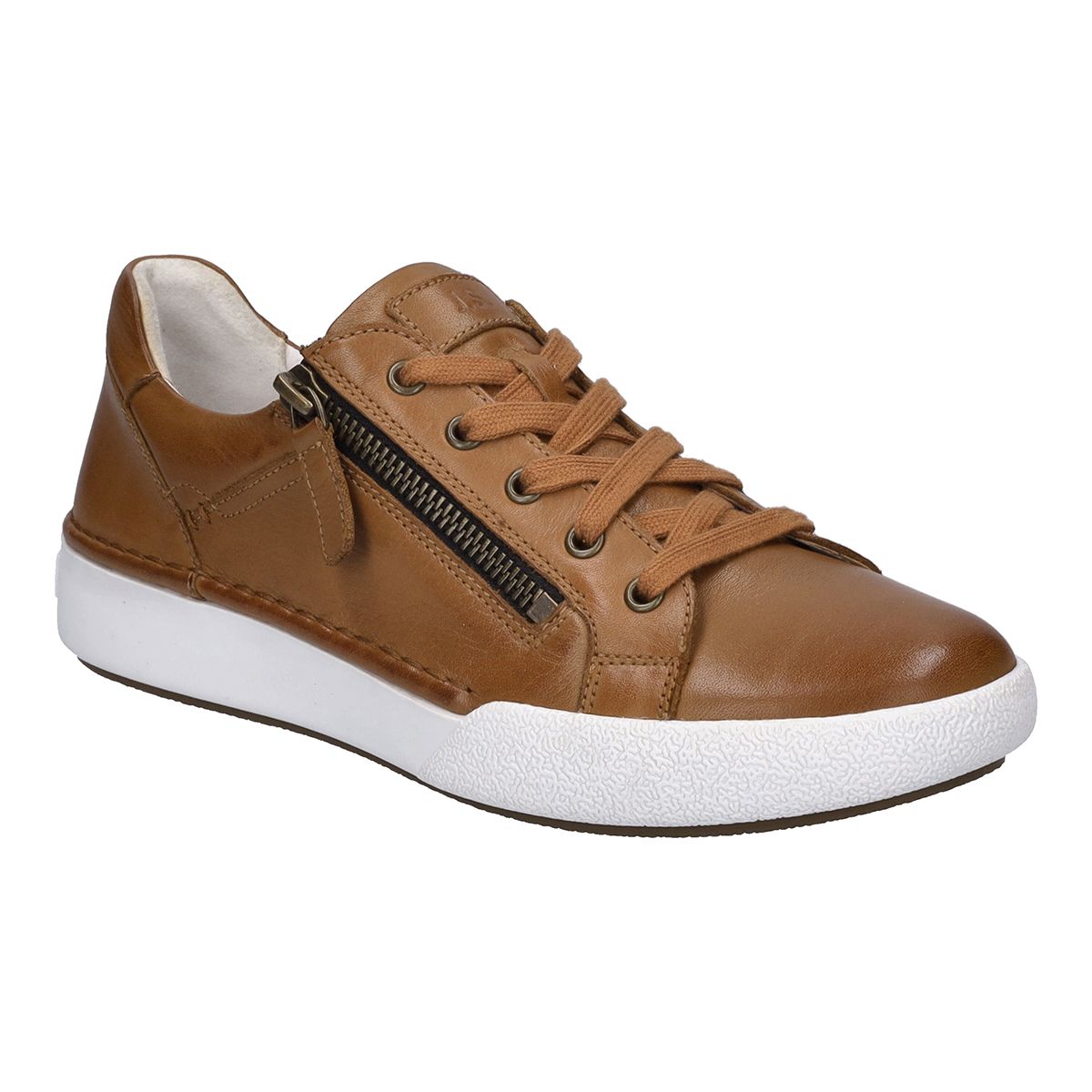 Camel brown leather women's sneaker with a side zipper, tan laces, and a thick white textured sole. Style #69903-3240