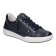 Indigo blue leather sneaker with white sole, lace-up front and side zipper; padded collar and soft leather finish offers casual, supportive everyday style. Style #69903_133525