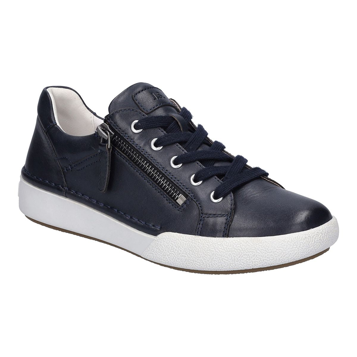 Indigo blue leather sneaker with white sole, lace-up front and side zipper; padded collar and soft leather finish offers casual, supportive everyday style. Style #69903_133525