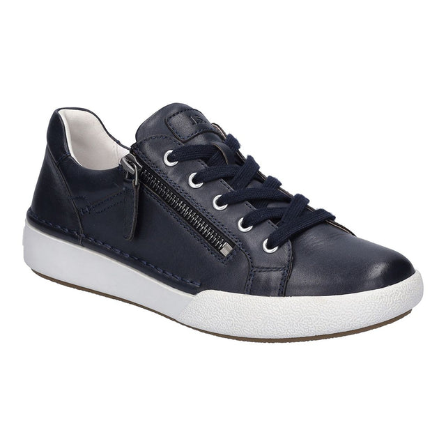 Indigo blue leather sneaker with white sole, lace-up front and side zipper; padded collar and soft leather finish offers casual, supportive everyday style. Style #69903_133525