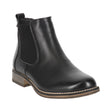Dark indigo leather Chelsea boot with black elastic side panels, low heel, and rounded toe; waterproof and slip-on with subtle stitch detailing and durable sole. Style #717181_24100